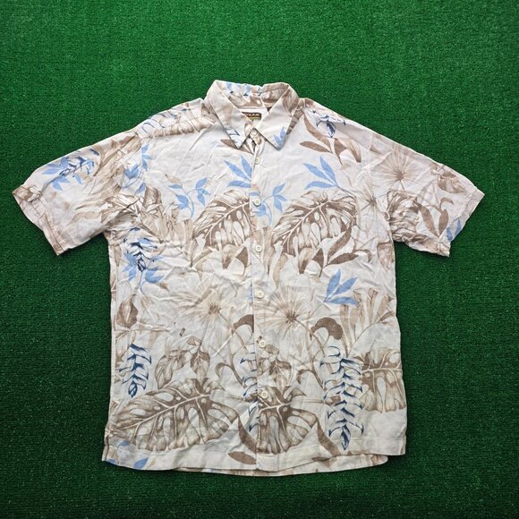 Cubavera Hawaiian Shirt Mens Large Beige Floral 100% Viscose Summer Beach Ca - Picture 1 of 7